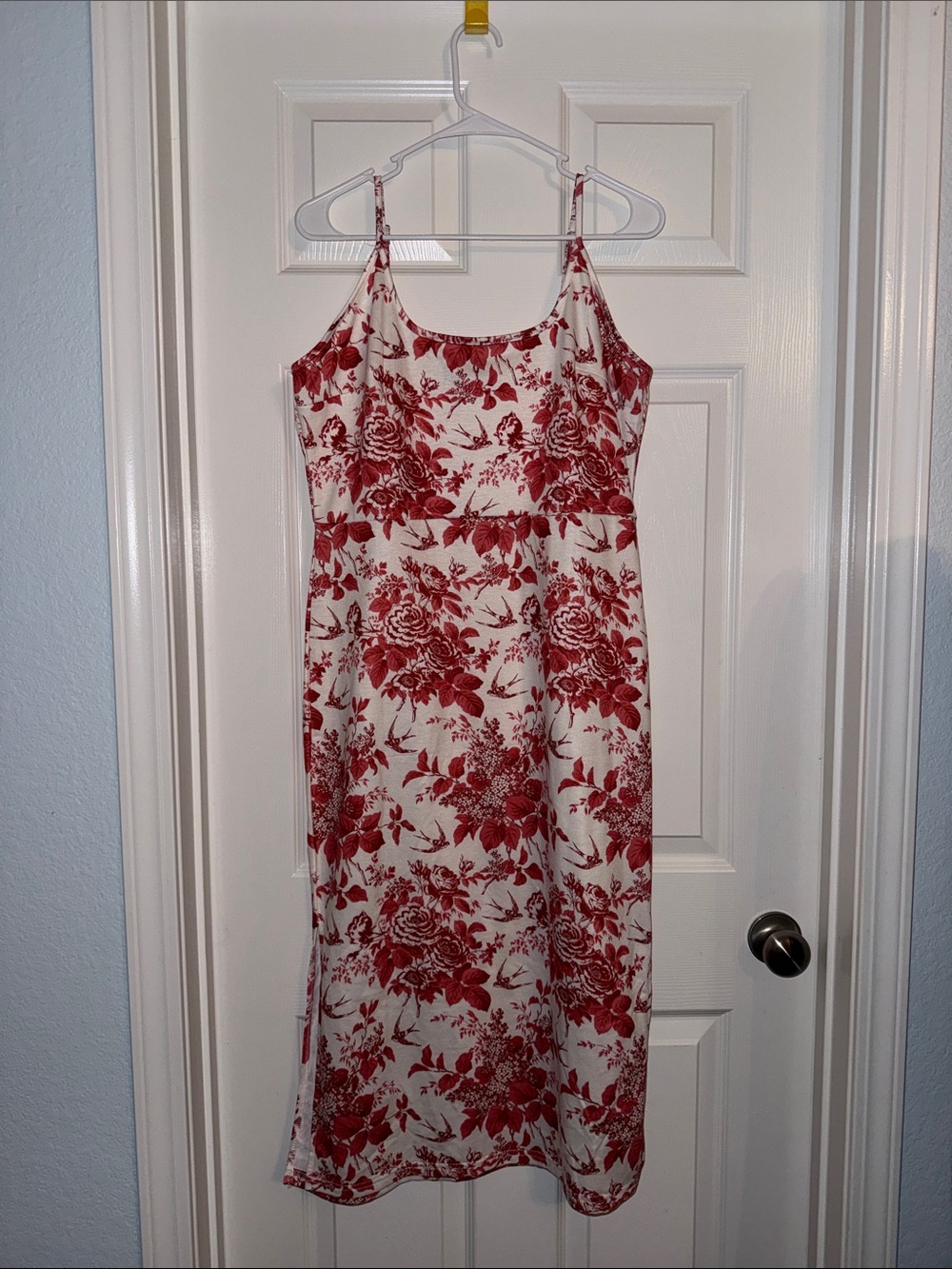 Red Floral Midi Slip Dress in White Base
